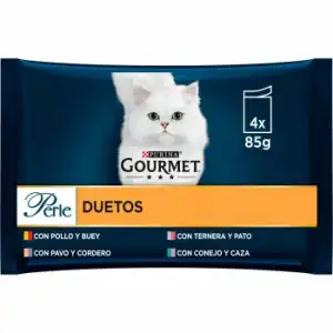 Comida húmeda finas láminas duo carnes para gato adulto Gourmet Perle 4x85 g.