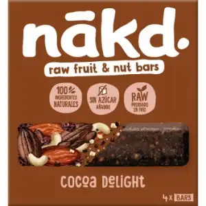 Barrita de frutas y anacardos con cacao sin azúcar añadido Nakd sin gluten y sin lactosa 4 x 35 gr.