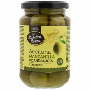 Aceitunas verdes manzanilla con hueso De Nuestra Tierra 210 g.