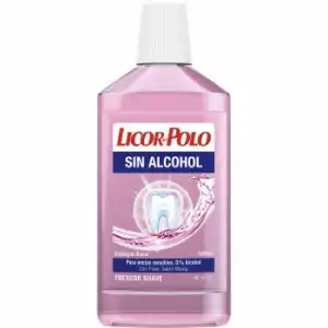 Enjuague bucal para encías sensibles sin alcohol con flúor sabor menta frescor suave Licor del Polo 500 ml.