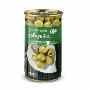 Aceitunas rellenas de jalapeños Carrefour sin gluten y sin lactosa 150 g.