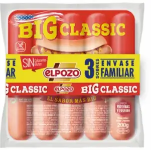 Salchichas BIG classic El Pozo sin gluten pack de 3 unidades de 200 g.