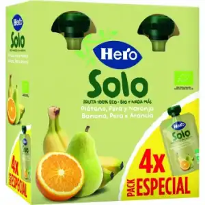 Bolsita de plátano, pera y naranja ecológica Hero Solo pack sin gluten 4 unidades de 100 g.