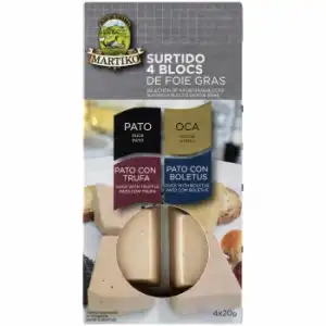 Tabla surtido de foie gras: pato, oca, pato con trufa y pato con boletus Martiko sin gluten pack de 4 unidades de 20 g.