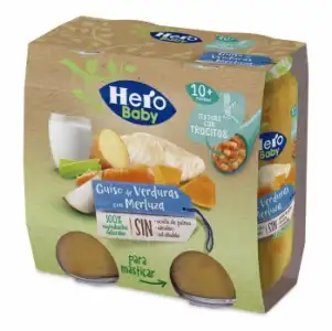 Tarrito guiso verduras con merluza desde 10 meses Hero Baby sin aceite de palma pack de 2 unidades de 235 g.