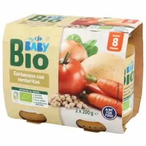 Tarrito de garbanzos con verduritas desde 8 meses ecológico Carrefour Baby Bio pack de 2 unidades de 200 g