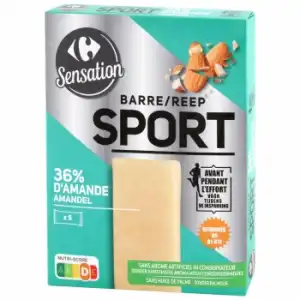 Barrita de almendra esfuerzo deportivo Sensation Carrefour sin aceite de palma 125 g.