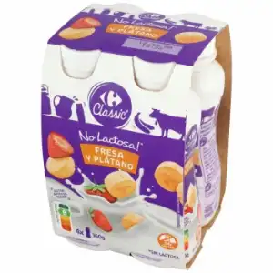 Leche fermentada fresa y plátano Carrefour Classic' sin gluten sin lactosa pack de 4 unidades de 160 g.