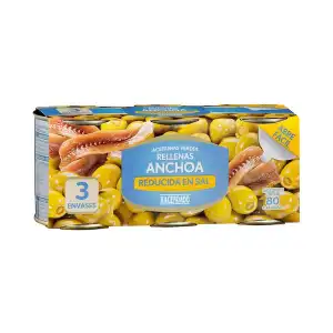 Aceitunas manzanilla rellenas de anchoa Hacendado reducidas en sal 3 botes X 0.05 kg