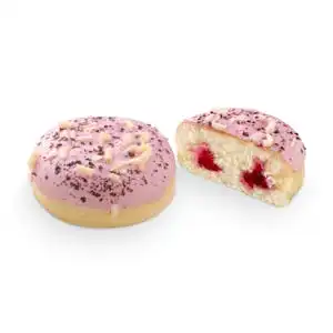 Berlina con cobertura de frutos rojos y virutas de chocolate blanco relleno 30% arándanos