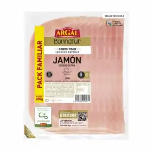 Jamón cocido finas lonchas Argal Bonnatur sin gluten sin lactosa 200 g.