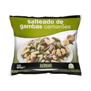 Salteado de gambas, espárragos verdes, ajos tiernos, champiñón y cebolla Hacendado ultracongelado Paquete 0.45 kg