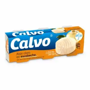 Atún claro en escabeche Calvo sin gluten y sin lactosa pack de 3 latas de 52 g.