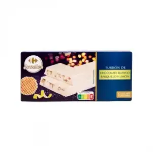 Turrón de chocolate blanco con barquillo y limón Carrefour Sensation 190 g.
