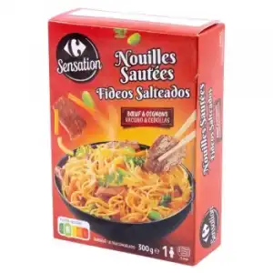 Fideos salteados con carne de vacuno y cebolla Carrefour Sensation 300 g.