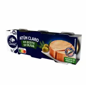 Atún claro en aceite de oliva Classic Carrefour pack de 3 latas de 52 g.