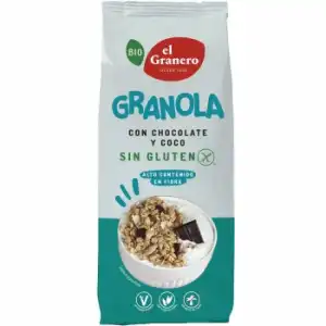 Granola con chocolate y coco ecológico El Granero sin gluten sin aceite de palma 350 g.