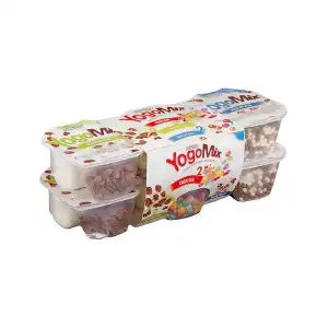 Yogur azucarado YogoMix Hacendado variado de copos maíz, bolitas y disquitos chocolateados 6 ud. X 0.15 kg