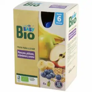 Preparado de manzana, plátano, arándanos y avena desde 6 meses ecológico My Carrefour Baby Bio sin gluten y sin azúcar añadido pack de 4 unidades de