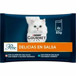 Comida húmeda salmón y atún para gato adulto Gourmet Perle Delight Delicias 4x85 g.