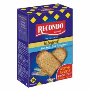 Pan tostado elaborado con harina integral 60 % sin sal y sin azúcar añadido Recondo 270 g.