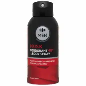 Desodorante body spray musk protección 48h perfume ambarino Carrefour Men 150 ml.