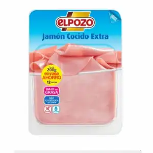 Jamón cocido extra en lonchas bajo en grasa El Pozo sin gluten sin lactosa 200 g.